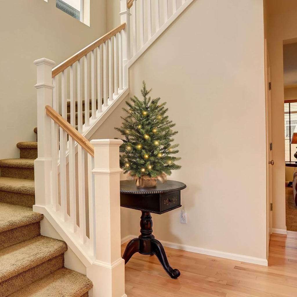 18"Pre-Lit 'Feel Real' Artificial Christmas Tree, Fir Christmas Tree, Premium Xmas Tree for Home, Office, Party Decoration, Includes Burlap Bag Base, Green, with warm light