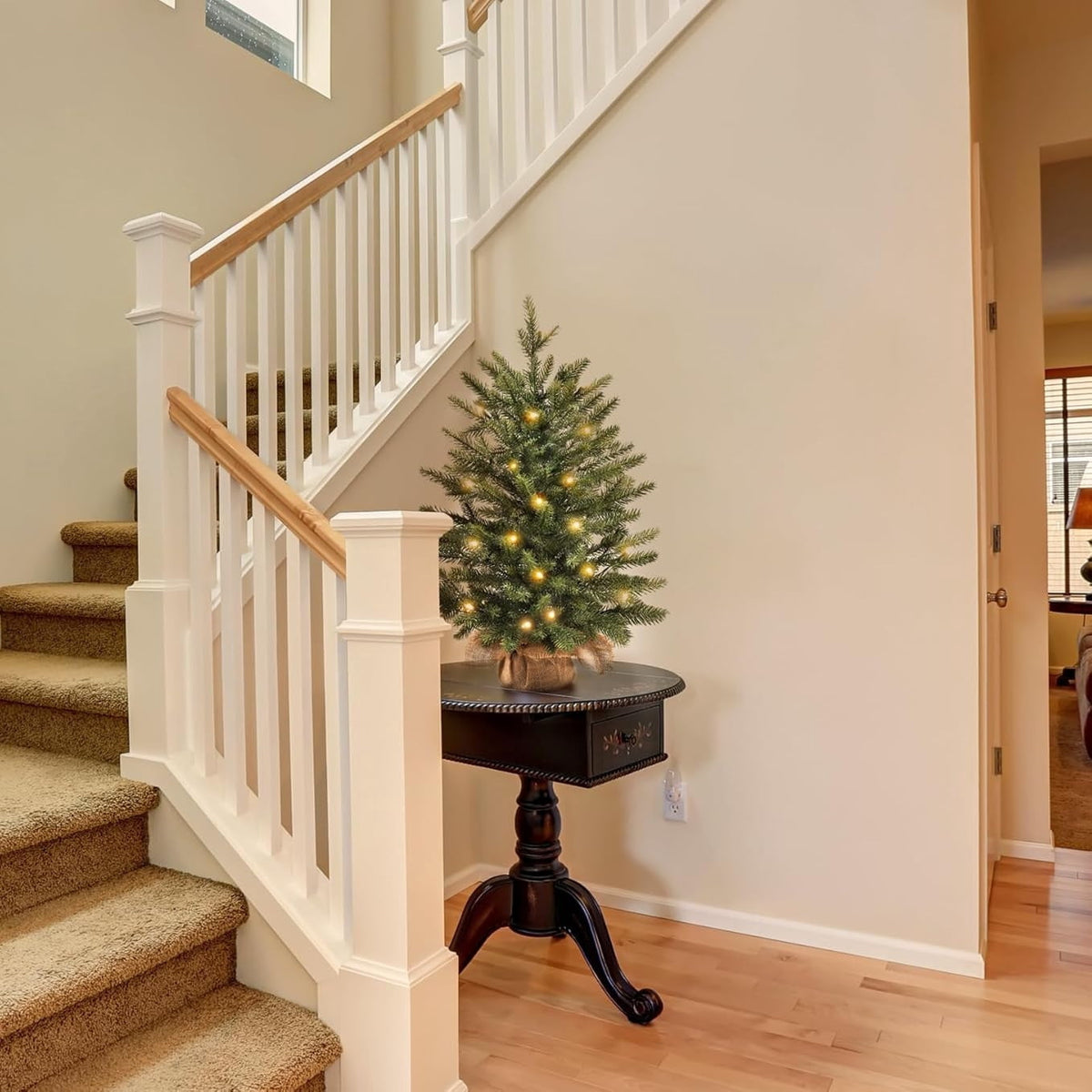 18"Pre-Lit 'Feel Real' Artificial Christmas Tree, Fir Christmas Tree, Premium Xmas Tree for Home, Office, Party Decoration, Includes Burlap Bag Base, Green, with warm light