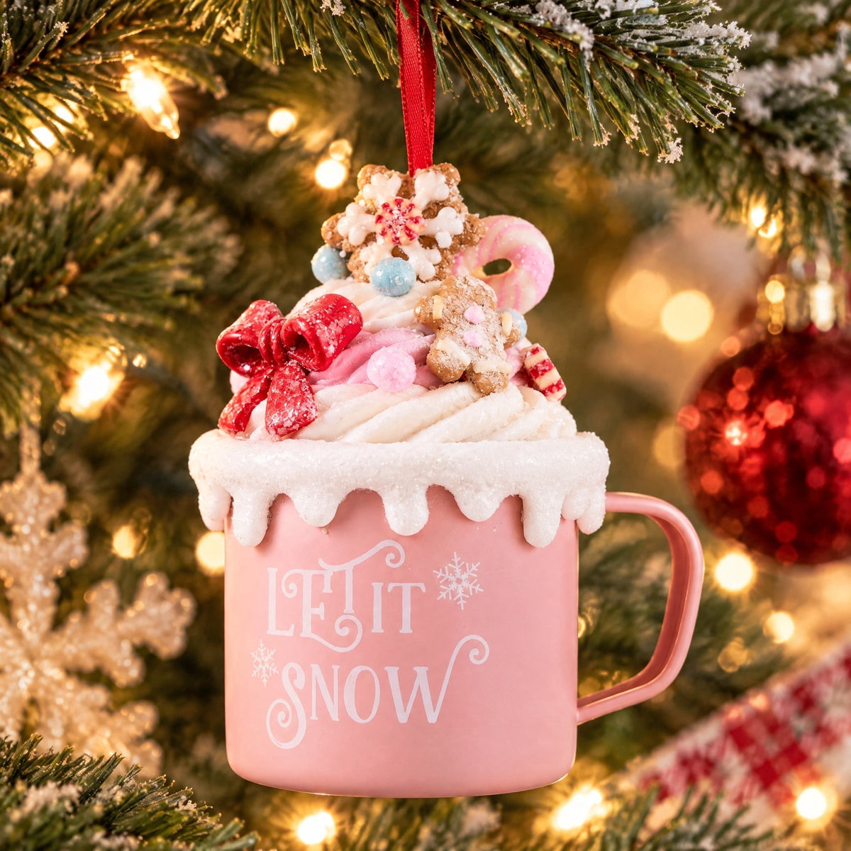 Pink and White Clay Dough Hot Cocoa Mug Christmas Ornament, 4.3", by Holiday Time