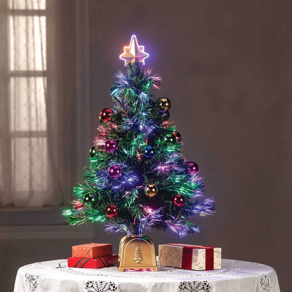 Northwoods Greenery Fiber Optic Christmas Tree with Ball Ornaments, 32-In. Tall