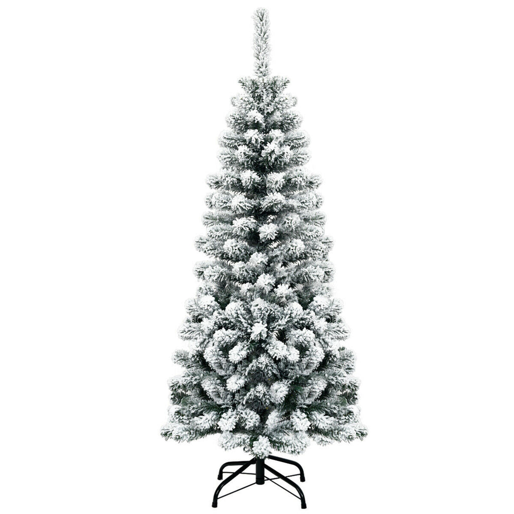 Gymax 4.5ft Snow Flocked Pencil Christmas Tree Artificial Pine Tree w/ Metal Stand