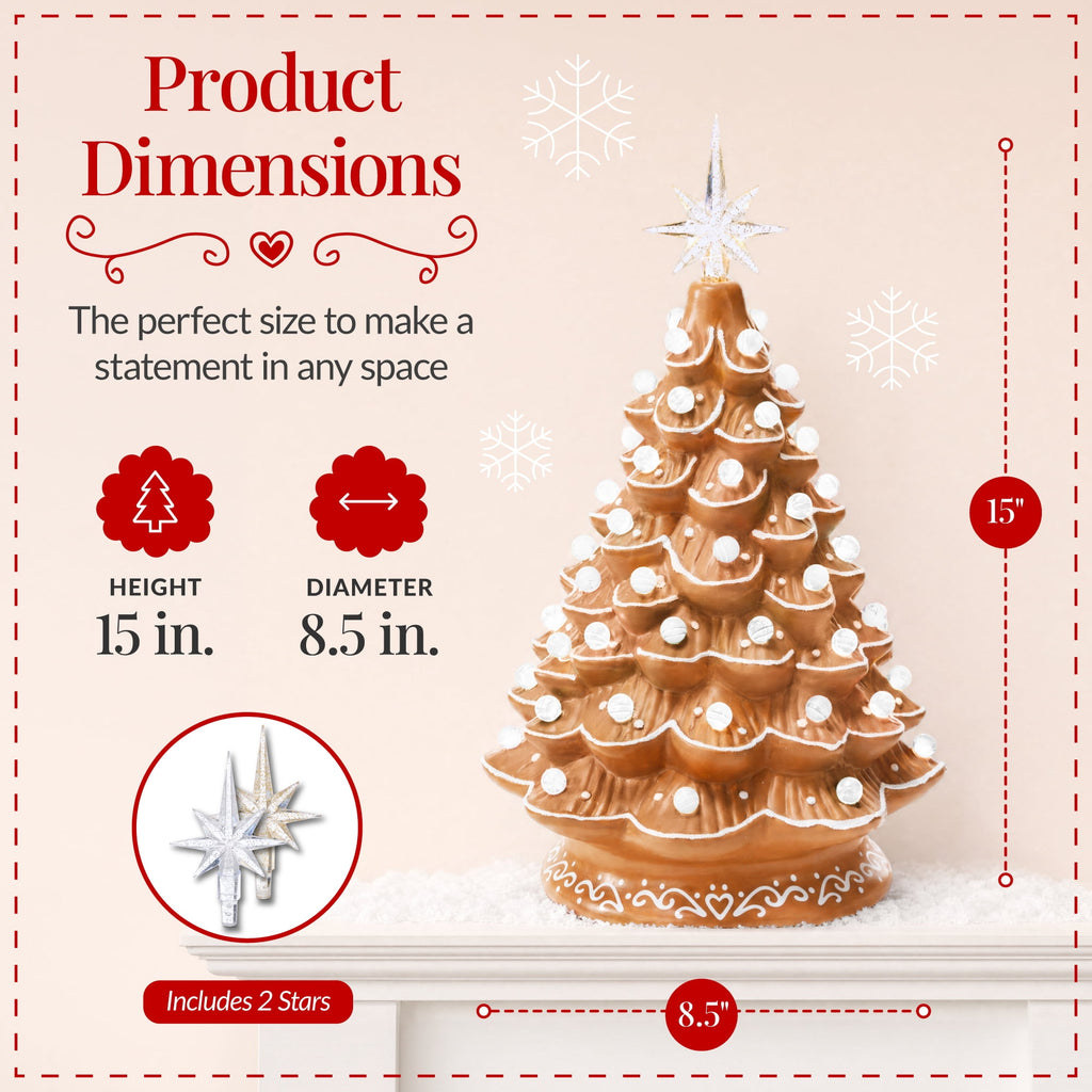 Best Choice Products 15in Ceramic Christmas Tree, Pre-lit Hand-Painted Tabletop Holiday Tree, Gingerbread Red/White/Grn