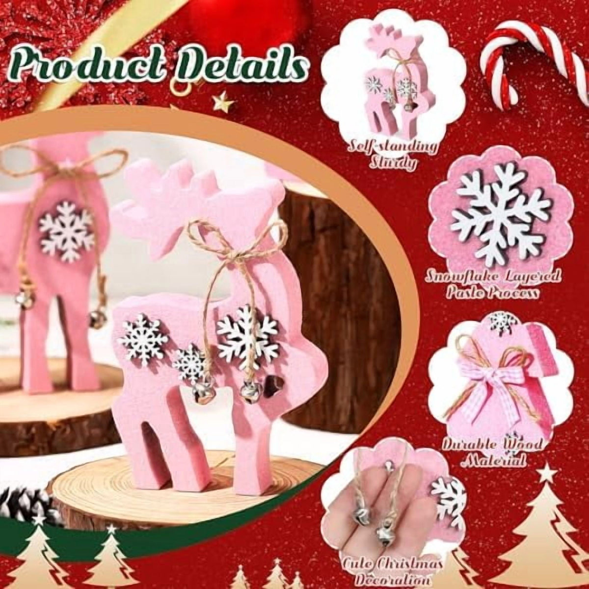 Christmas Reindeer Tabletop Decorations 4 Piece Wooden Reindeer and Christmas Tree Centerpieces Pink