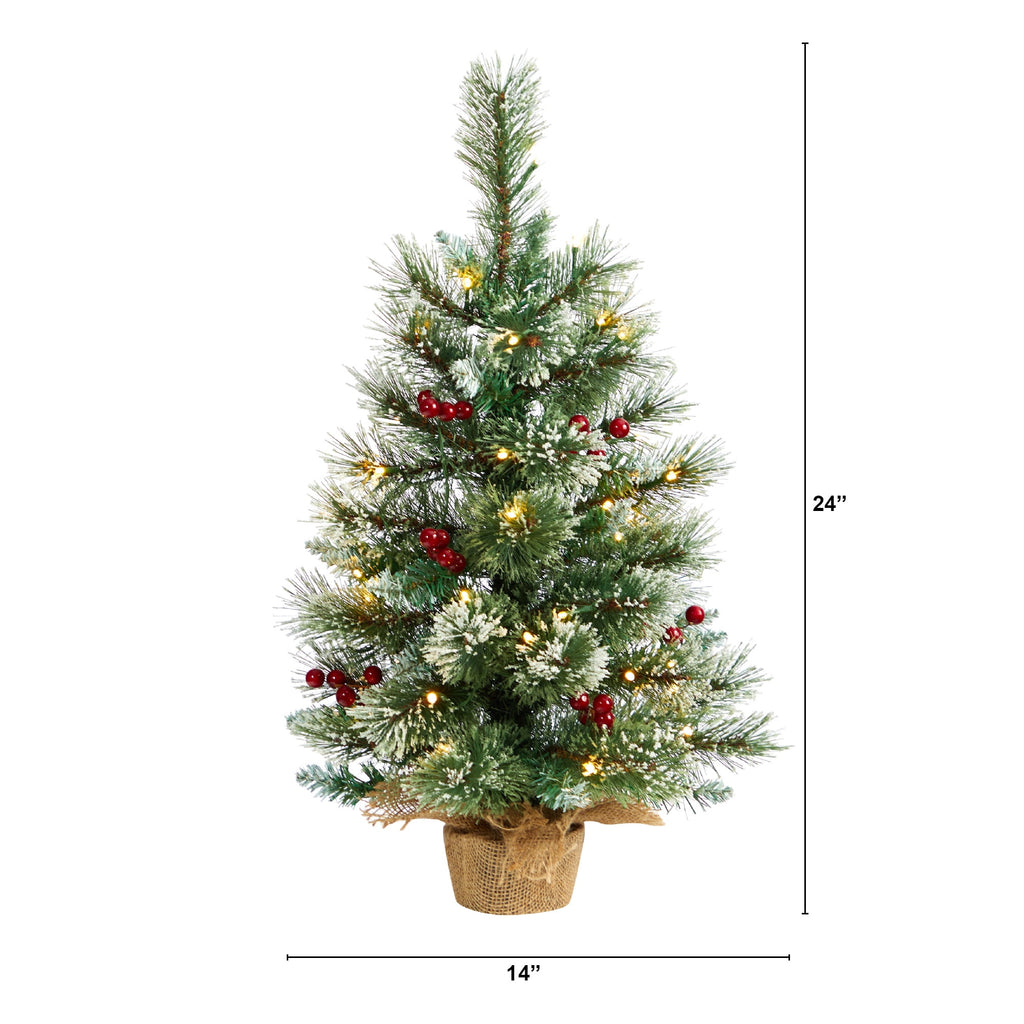 Nearly Natural 2ft. Snow Tipped Pine and Berry Artificial Christmas Tree with 35 Warm White LED Lights in Burlap Base