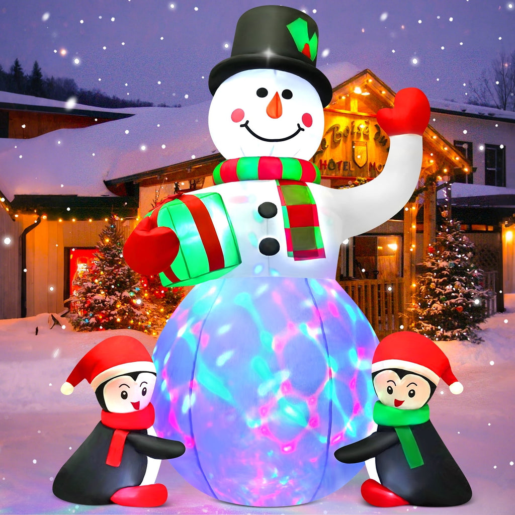 Yexmas 6.3 FT Christmas Inflatable Snowman with Penguins and Gift Box, Rotating LED Lights, Outdoor Christmas Blow Up Yard Decoration