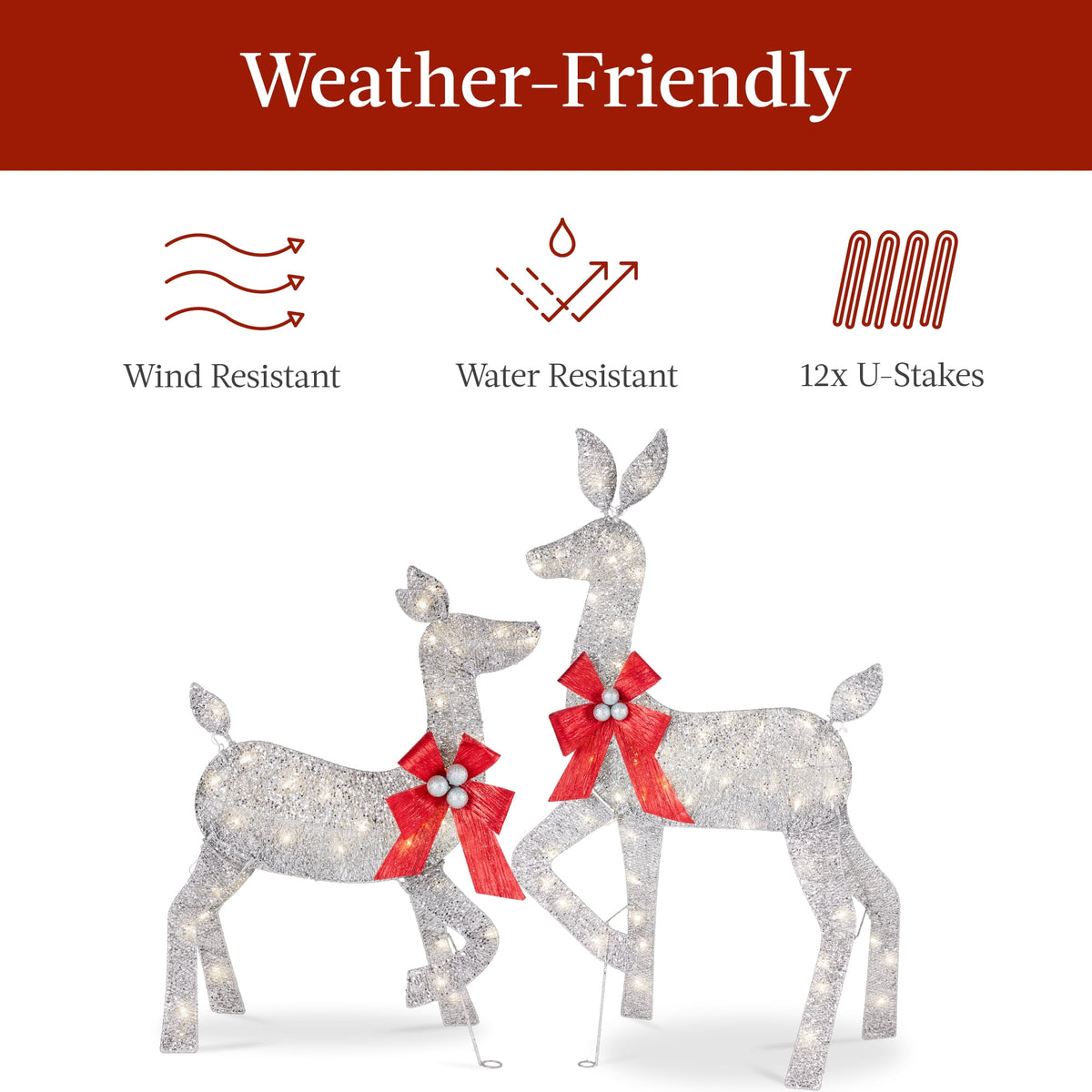 Best Choice Products 3-Piece 2D Deer Family Set, Lighted Christmas Outdoor Decoration w/ 175 Lights, Stakes - Gold