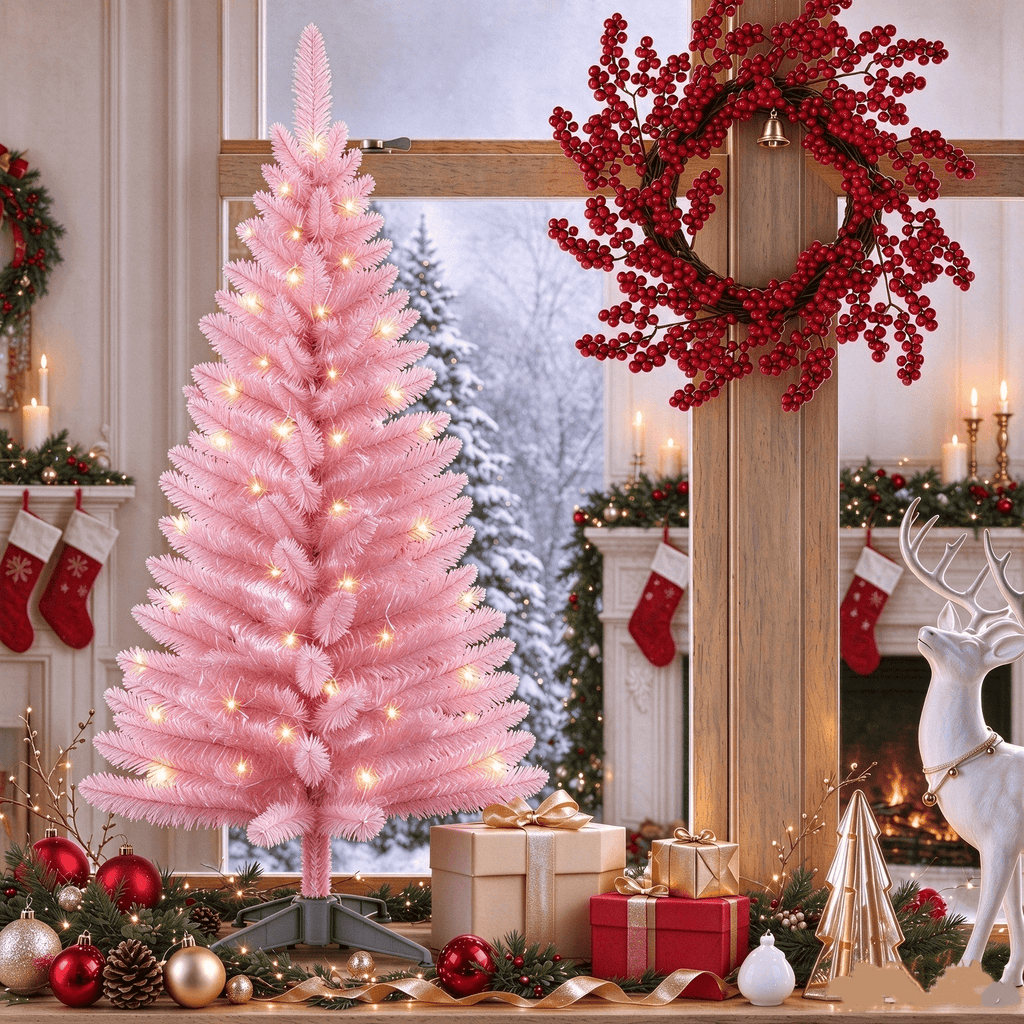 Cowin 4ft Artificial Christmas Tree,Pre-lit Tinsel Pine Spruce Tree, Small Xmas Tree for Home, Office and Party,White