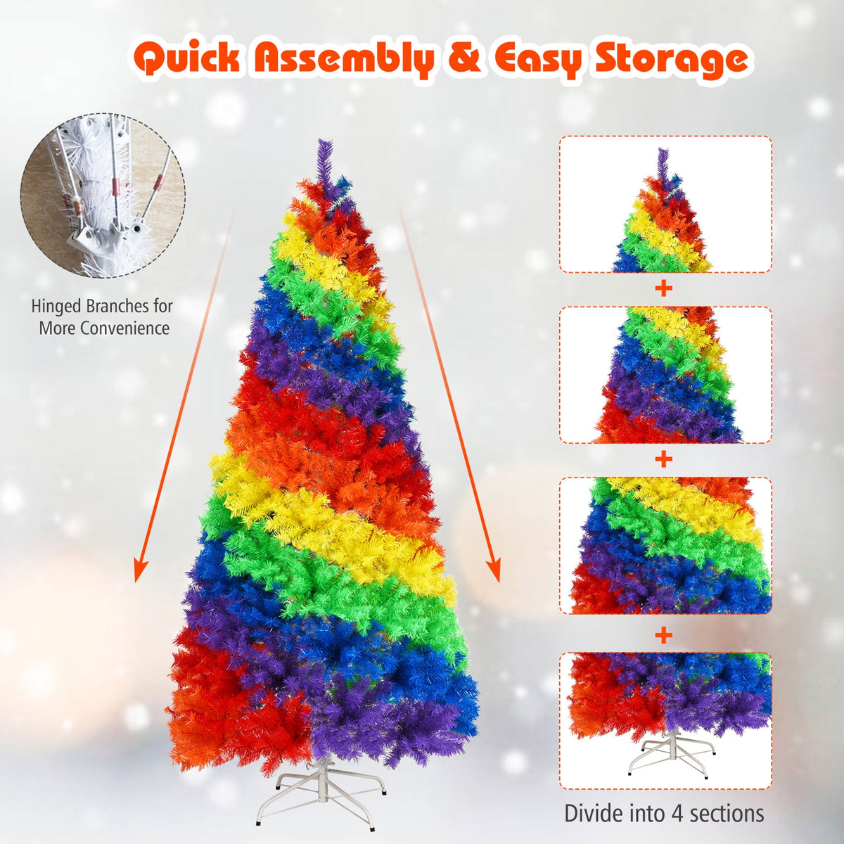Gymax 7 ft Colorful Rainbow Hinged Christmas Tree Holiday Decor w/ Metal Stand