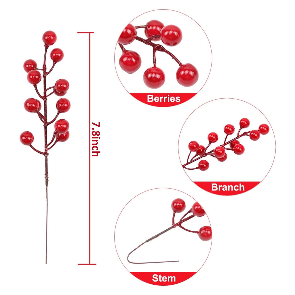Artificial Red Berry, 30 Pack Holly Christmas Tree Berries Stems for Christmas Tree Decorations, Crafts, Holiday and Home Decor (Red)
