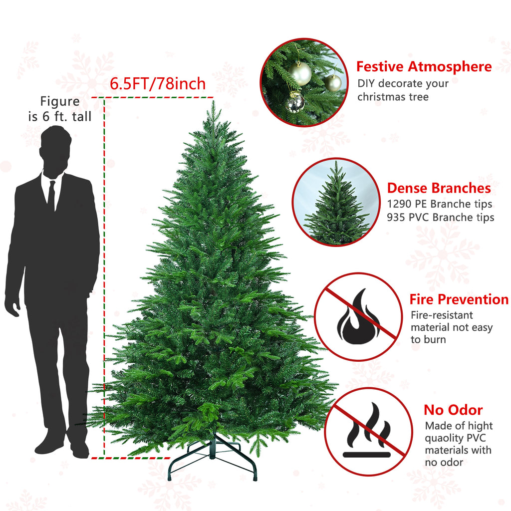 Soilhill Unlit Artificial Full Christmas Tree 6.5FT with 2356 PE PVC Tips, Premium Holiday Xmas Tree with Metal Hinges & Foldable Base for Home Office Party, Green