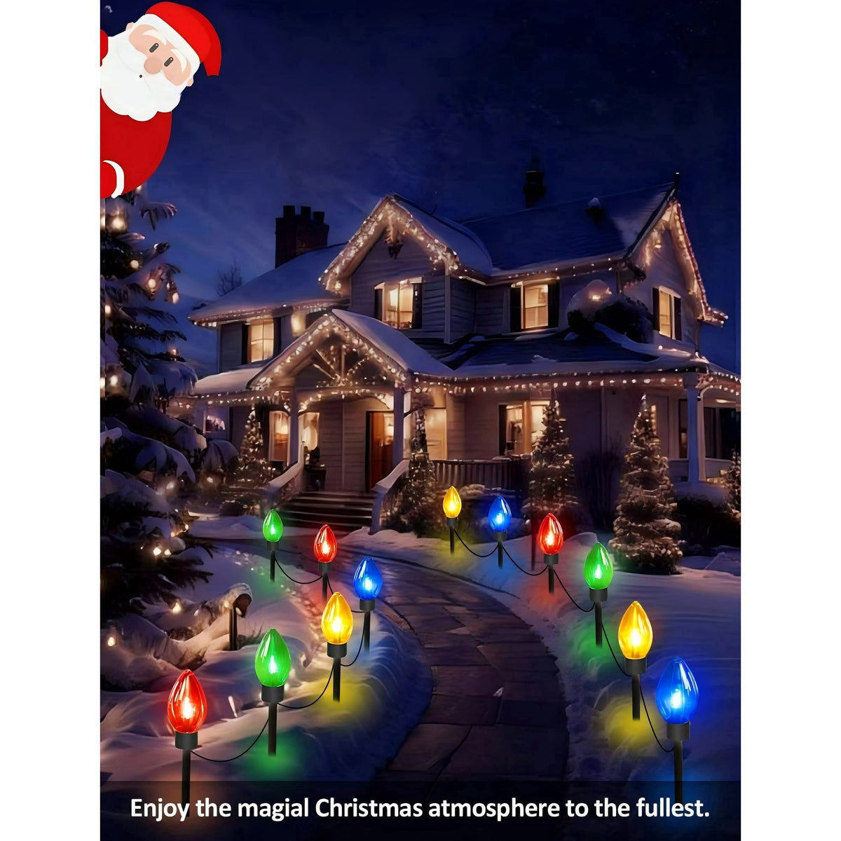 PMMIPNW Upgrade Christmas Pathway C9 String Lights Outdoor, 25 Ft with 12 Large Bulbs Stakes, Waterproof for Xmas Party Holiday Commercial Outdoor Decoration