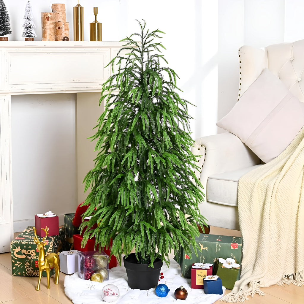 XIBUFE 2 Foot Artificial Norfolk Pine Christmas Tree with Pot, Realistic Potted Plant for Front Porch, Indoor Outdoor Garden, and Entryway Holiday Decor