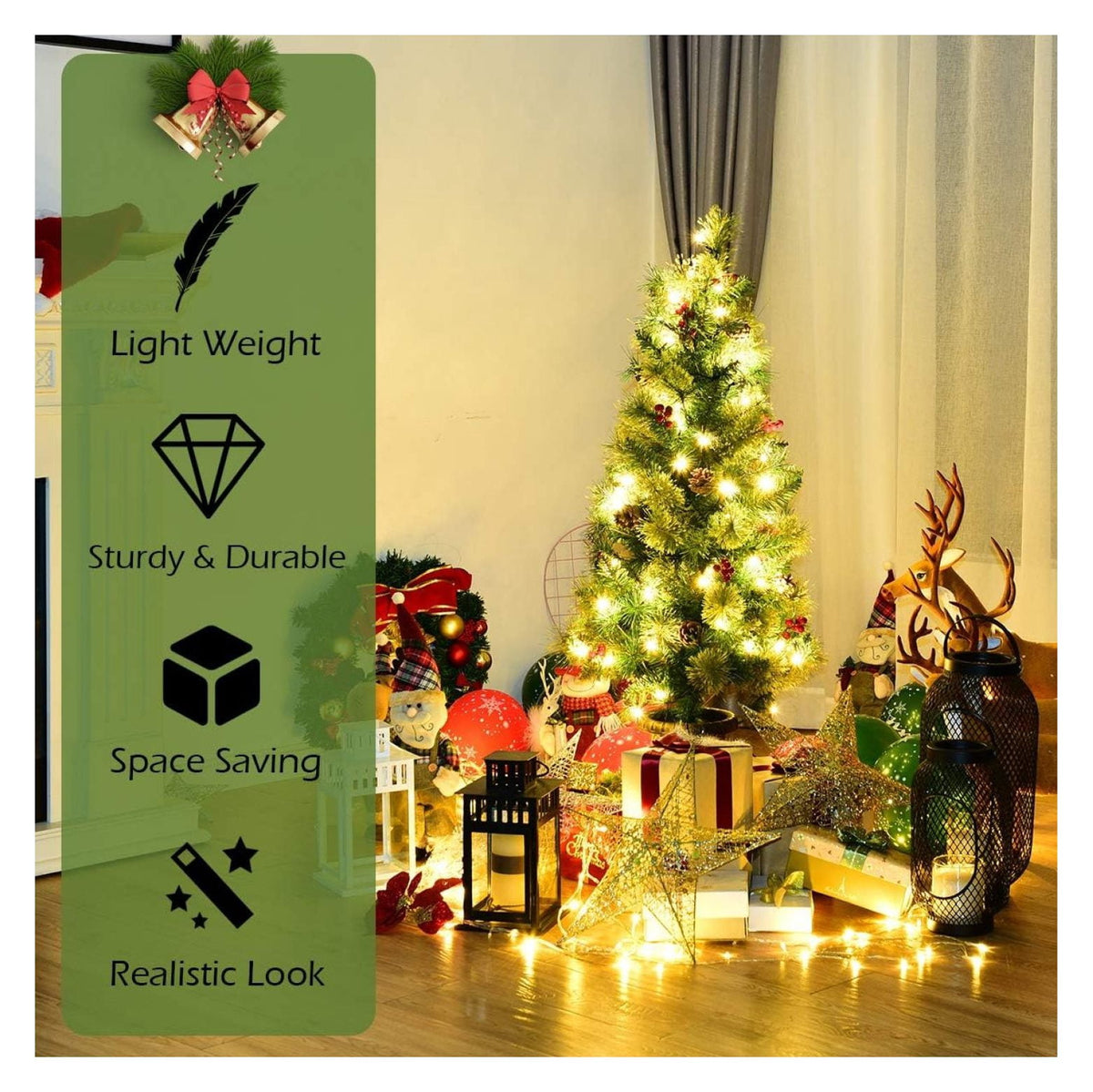 Ranyuaxu 3ft Prelit Pathway Christmas Tree with 40 LED Lights, Artificial Christmas Tree with Metal Stand, 100 Branch Tips, Pine Cones and Red Berries, Entrance Tree for Indoor and Outdoor Decoration