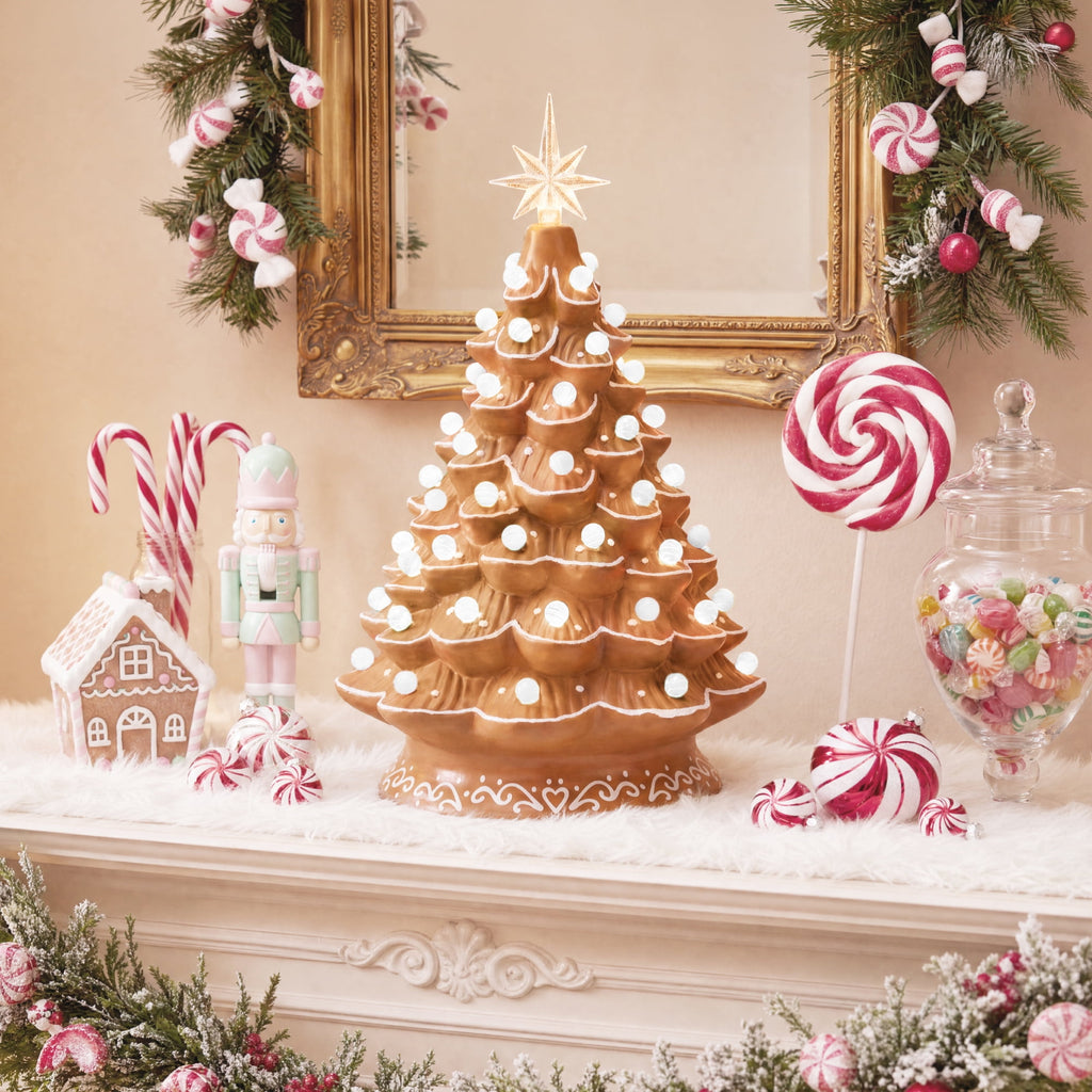 Best Choice Products 15in Ceramic Christmas Tree, Pre-lit Hand-Painted Tabletop Holiday Tree, Gingerbread Red/White/Grn