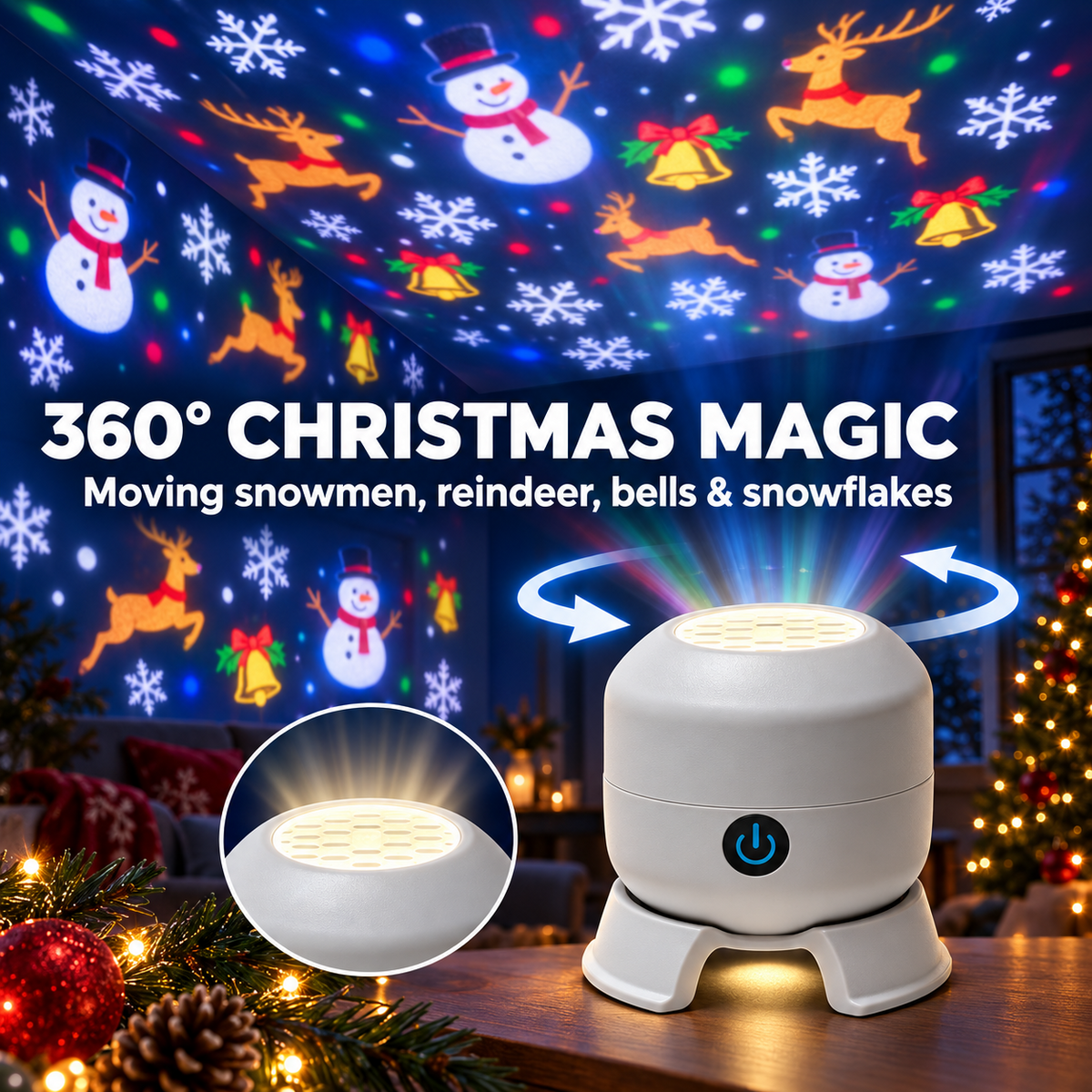 Christmas Projector Indoor, 360° Rotating Snowman Reindeer Snowflake Light with Adjustable Brightness, 5D Holographic Lamp for Holiday Decor, Bedroom, Kids Room