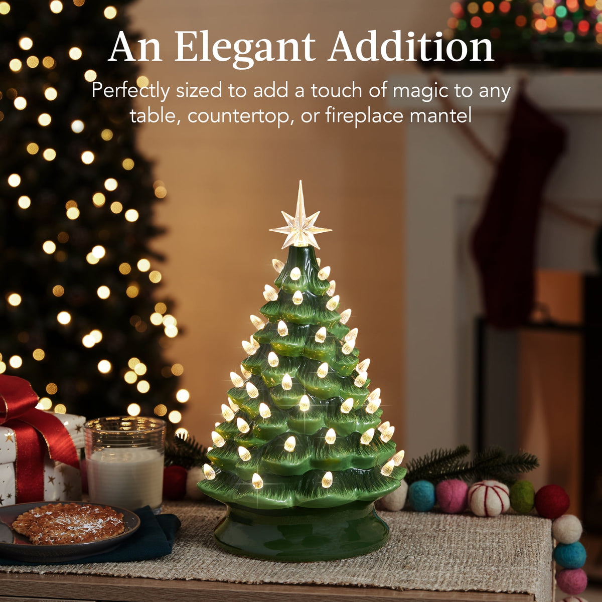 Best Choice Products 15in Ceramic Christmas Tree, Pre-lit Hand-Painted Tabletop Holiday Tree, Gingerbread Red/White/Grn