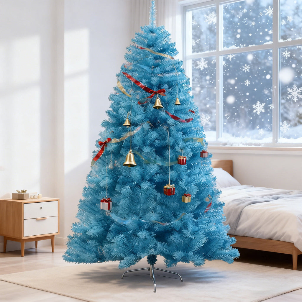 7Ft Blue Hinged Spruce Artificial Christmas Tree Premiums Unlit Full PVC Pine Needle Xmas Tree With 1000 Branch Tips And Metal Base Stand Easy Assembly Holiday Decor for Home Party Indoor