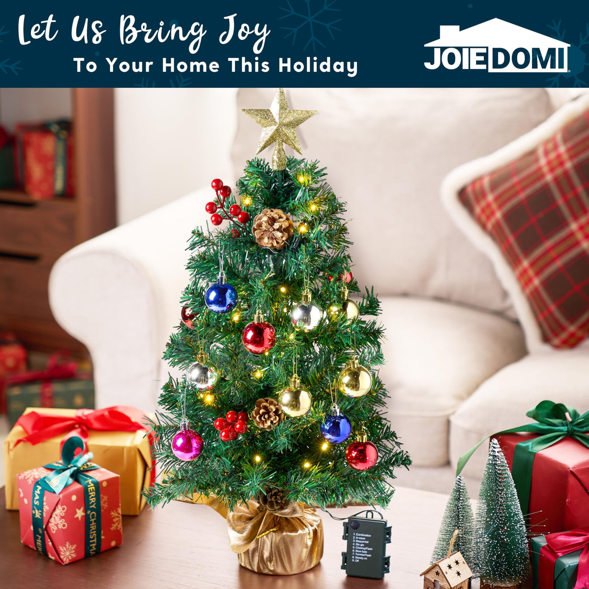 Joyfy 24in Prelit Tabletop Christmas Tree with Decoration Kit (Gold, Battery Operated)