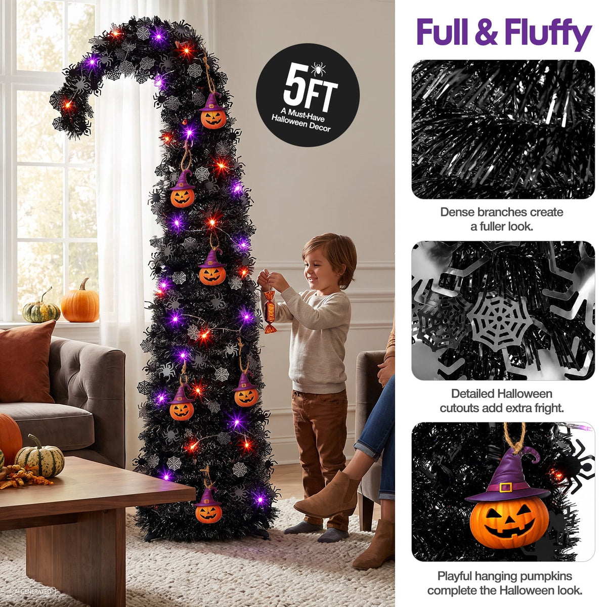 Ayieyill 5ft Halloween Tree Prelit, Pencil Pop up Tree with Light Halloween Decoration | Indoor | Black