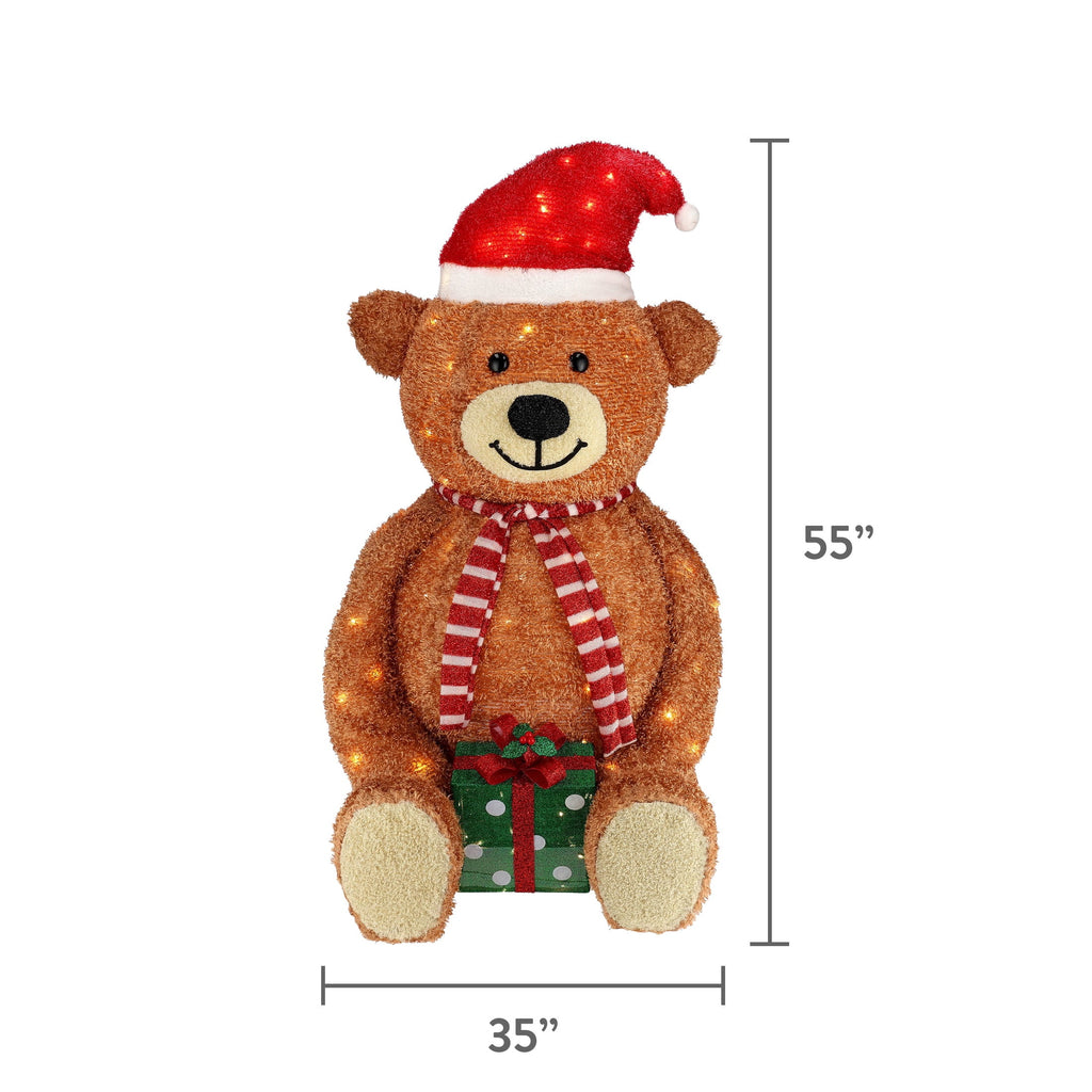 Indoor/Outdoor Light-Up Fluffy Pop-Up Bear Christmas Decoration with 230 LED Lights, Warm White, 55", by Holiday Time