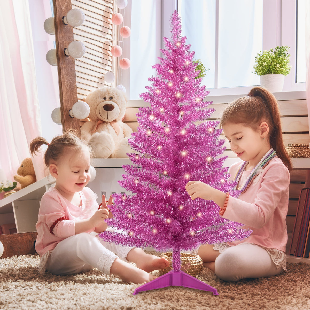 Mayhihi 4FT White Small Christmas Tree with Lights, Artificial Xmas Trees for Home Office