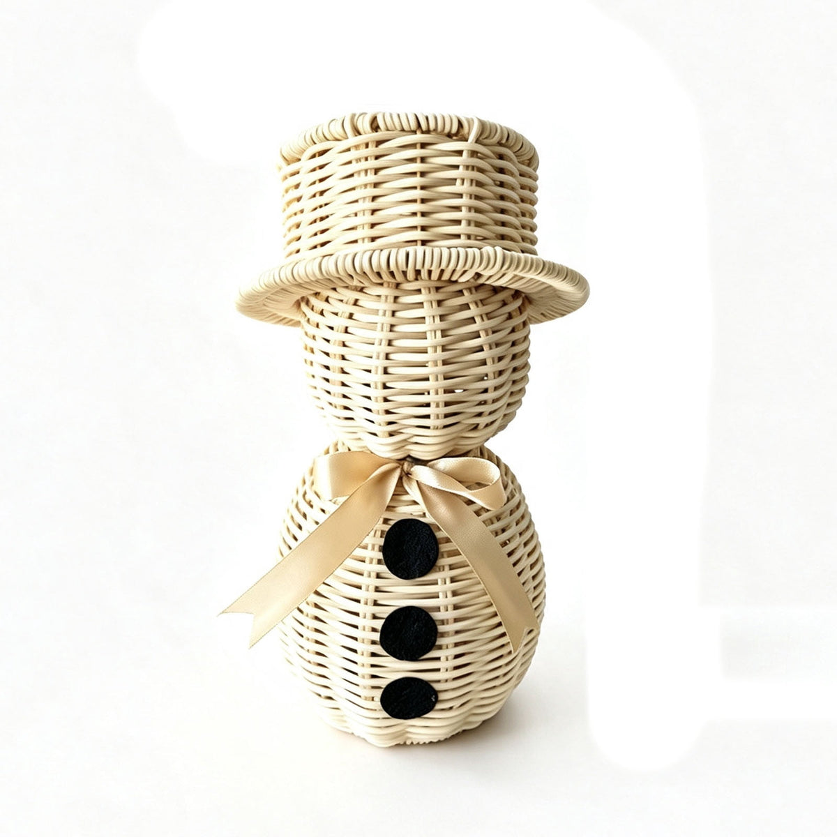 FeiBiQiuBi 14.9" Resin Rattan Style Snowman, Rustic Snowman Decorations with Bow, Woven Natural Style Freestanding Design Winter Farmhouse Decor for Home Kitchen Garden, Holiday Table Mantel Decor