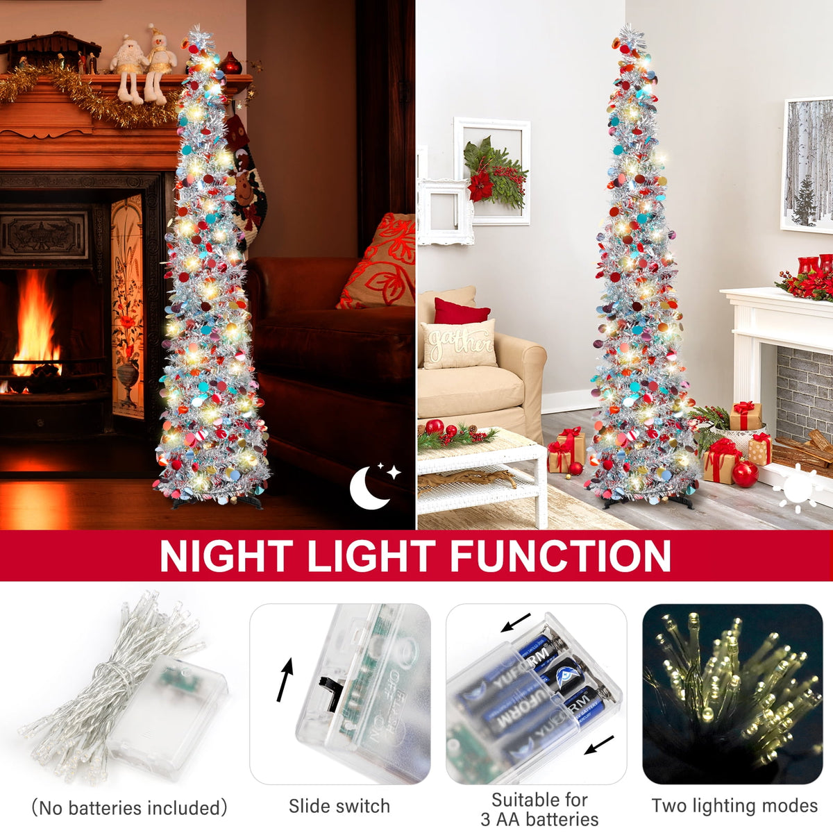 Ayieyill 5ft Pencil Christmas Tree, Collapsible Xmas Tree with Lights, Pop Up Tinsel Tree for Christmas Decorations Indoor, Pink White