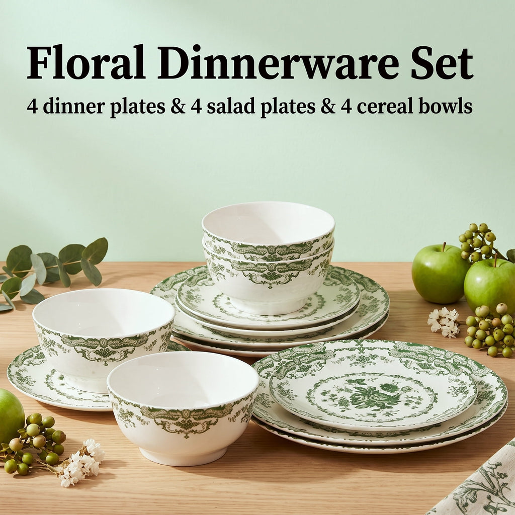 Onader 12 Piece Tableware Set, Rose Floral Dinnerware Set for 4, Ceramic Plates and Bowls Sets for Home Kitchen Restaurant, Scratch Resistant & Microwave Safe, Red