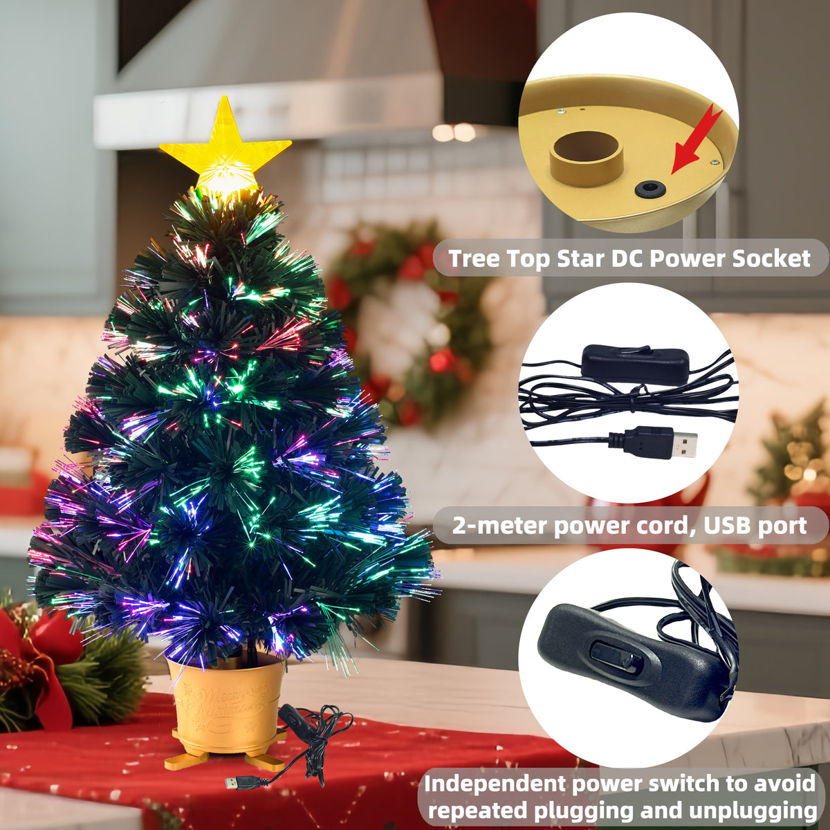YUETJIN 24inch Pre-Lit Mini Fiber Optic Tabletop Artificial Christmas Tree，Small Xmas Tree with Golden Stars Decorations