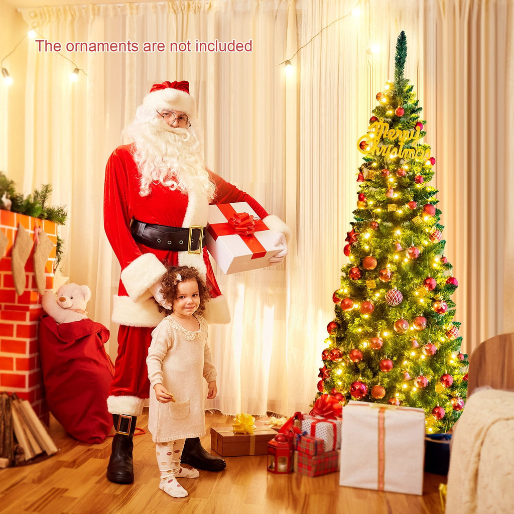 Topbuy 6.5ft Pencil Christmas Tree Pre-Lit Hinged Artificial Decoration w/ 250 Warm White Lights