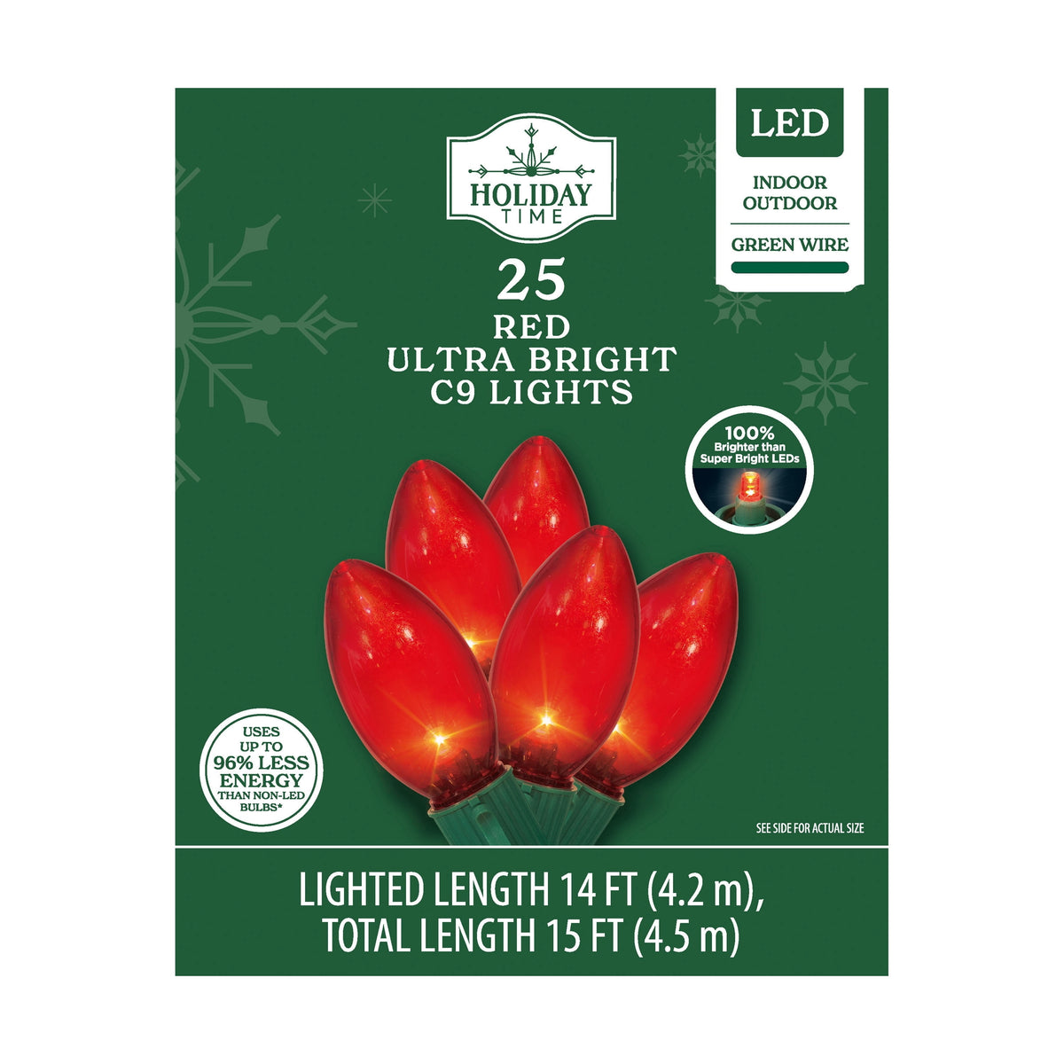 Indoor/Outdoor 25-Count LED Ultra Bright C9 Christmas String Lights, Warm White, Green Wire, 14', by Holiday Time