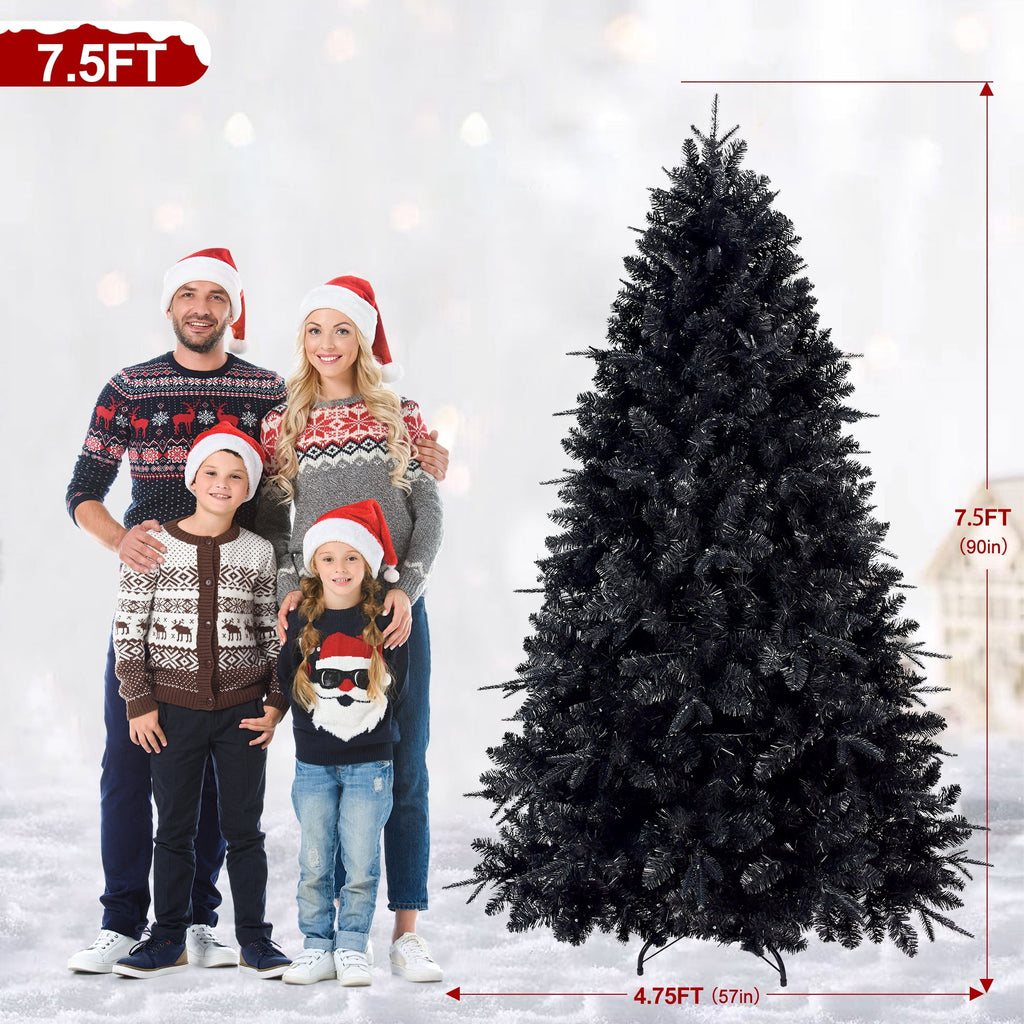 Maylaviu 7FT Gothic Black Christmas Tree, 450 Cold White Lights, 1916 Full Tips, Halloween & Holiday Party Decor, Sturdy Metal Stand