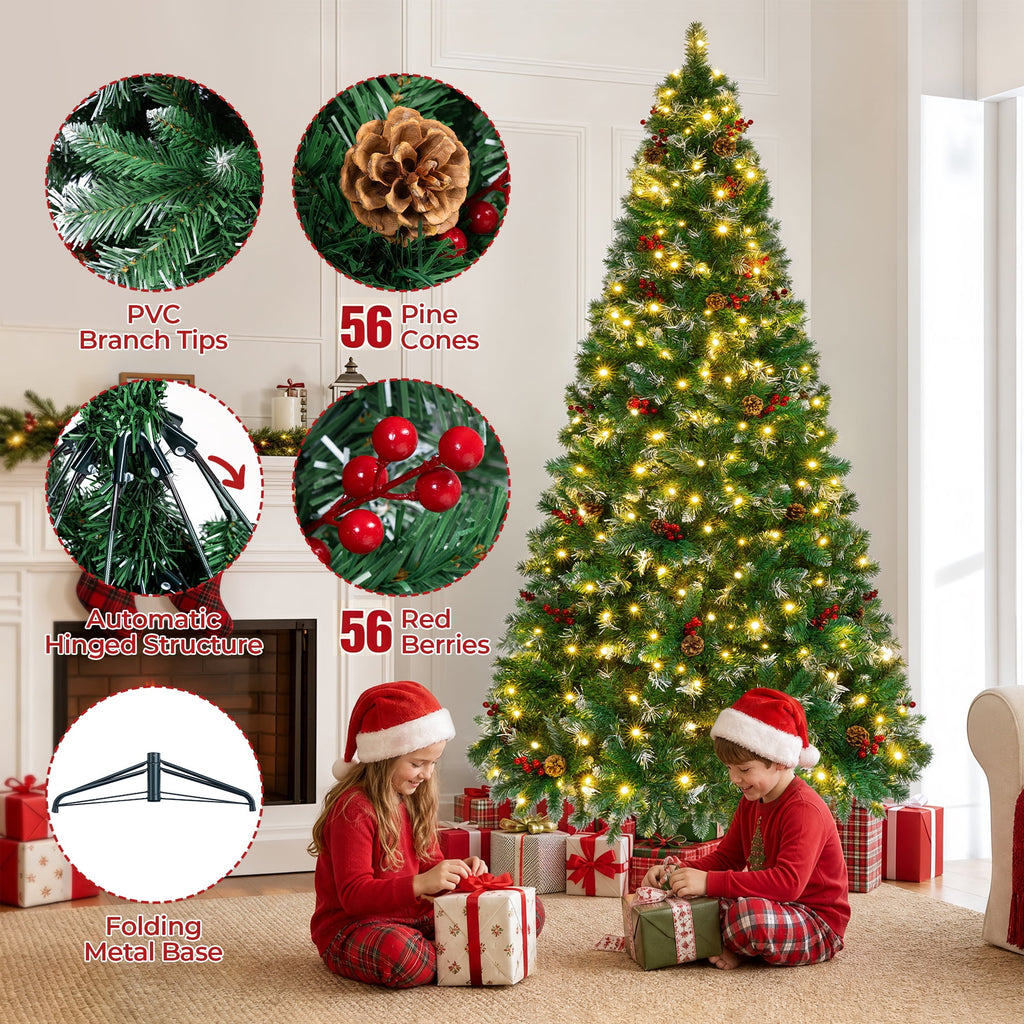 Firstness 6ft Pre-Lit Artificial Christmas Tree with Storage Bag, Warm & Multicolor Xmas Tree with 975 Branch Tips,Pine Cones + Red Berries