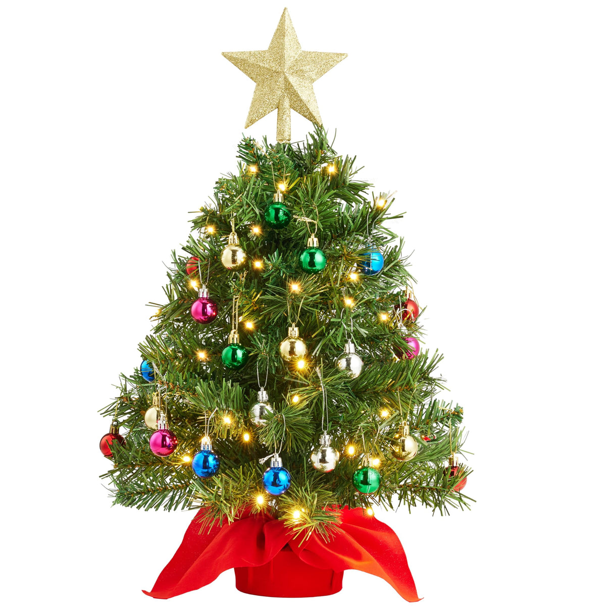 Joyfy 24"/2.4 FT Tabletop Small Christmas Tree with Lights, Prelit Artificial Mini Xmas Tree Set with Star and Ornaments for Party Decorations