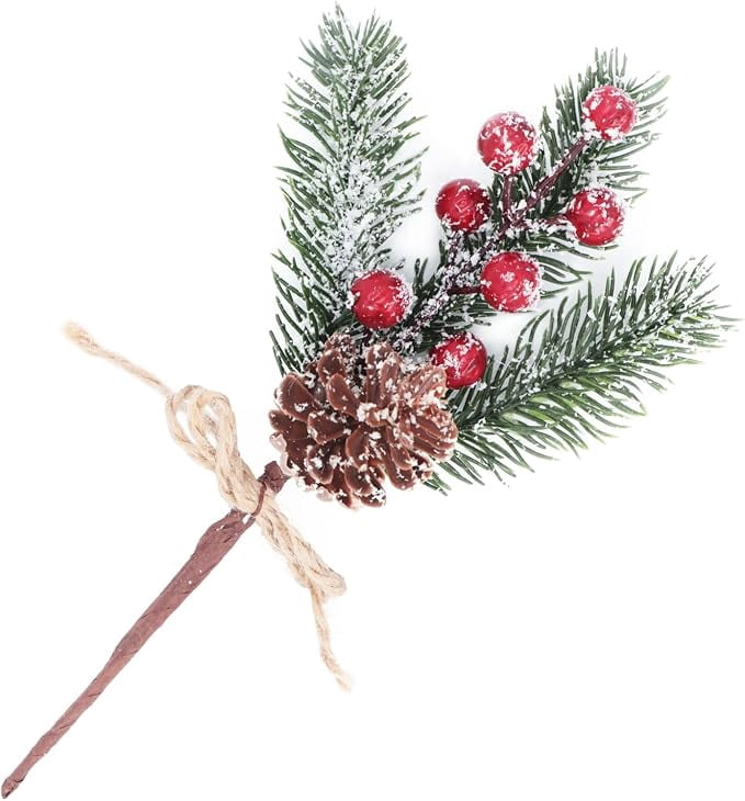 10 Piece Artificial Christmas Tree Picks 8 Inch Frosted Pine Branches Red Holly Berries