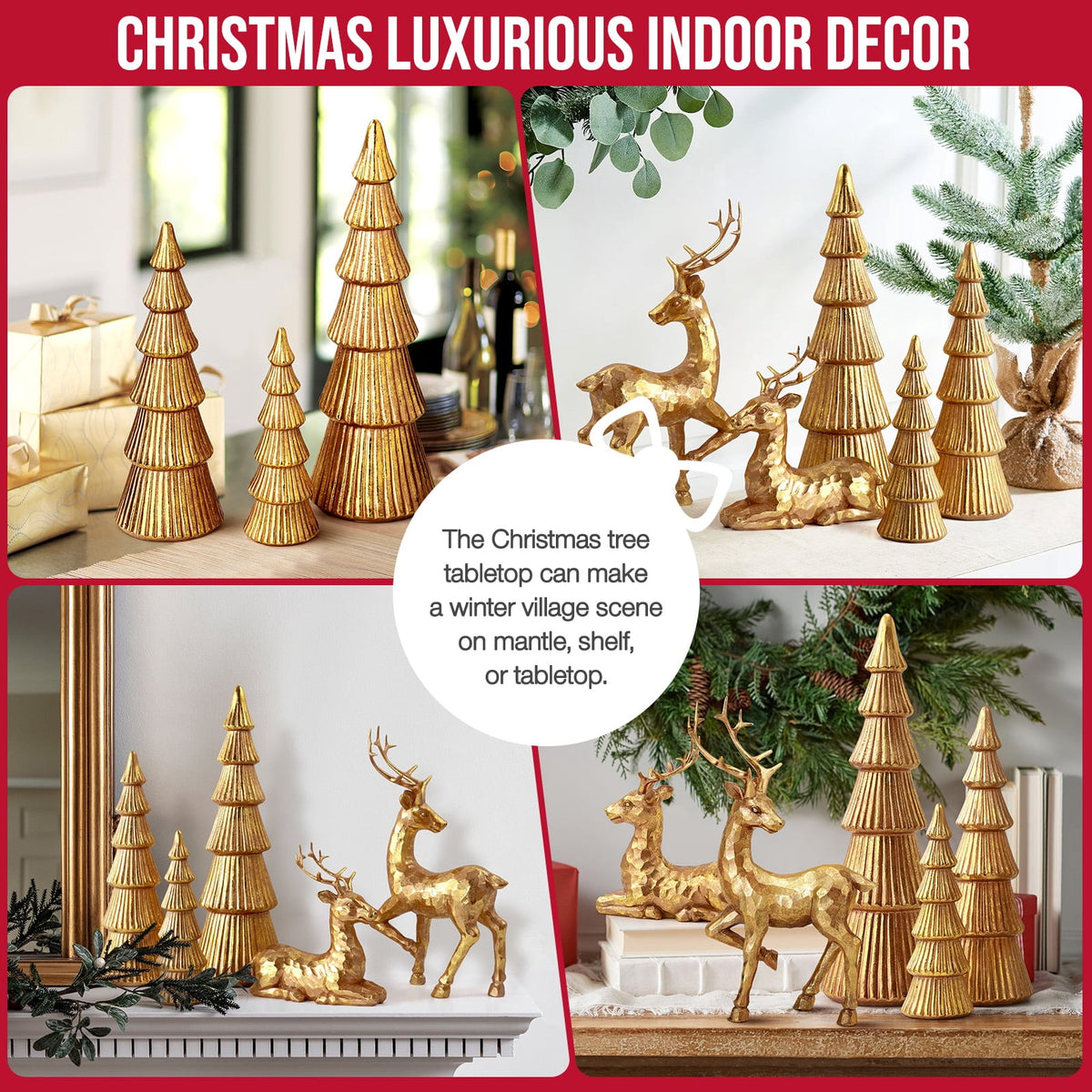 Ayieyill 5PCS Tree and Reindeer Decoration, Christmas Tree Reindeer Figurines, Christmas Decortion Indoor (Rose Gold)
