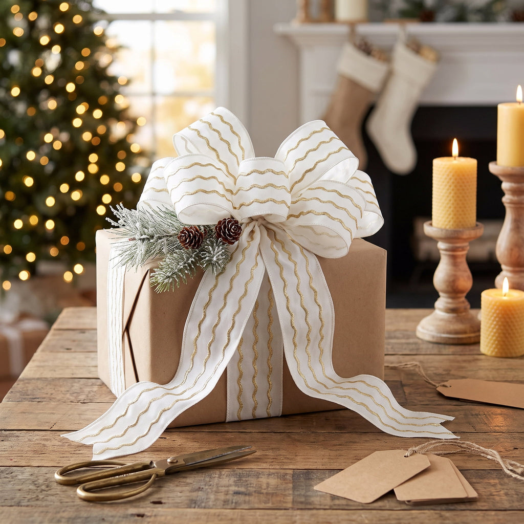 White and Gold Wavy Stripe Christmas Ribbon, 2.5" x 12', by Holiday Time