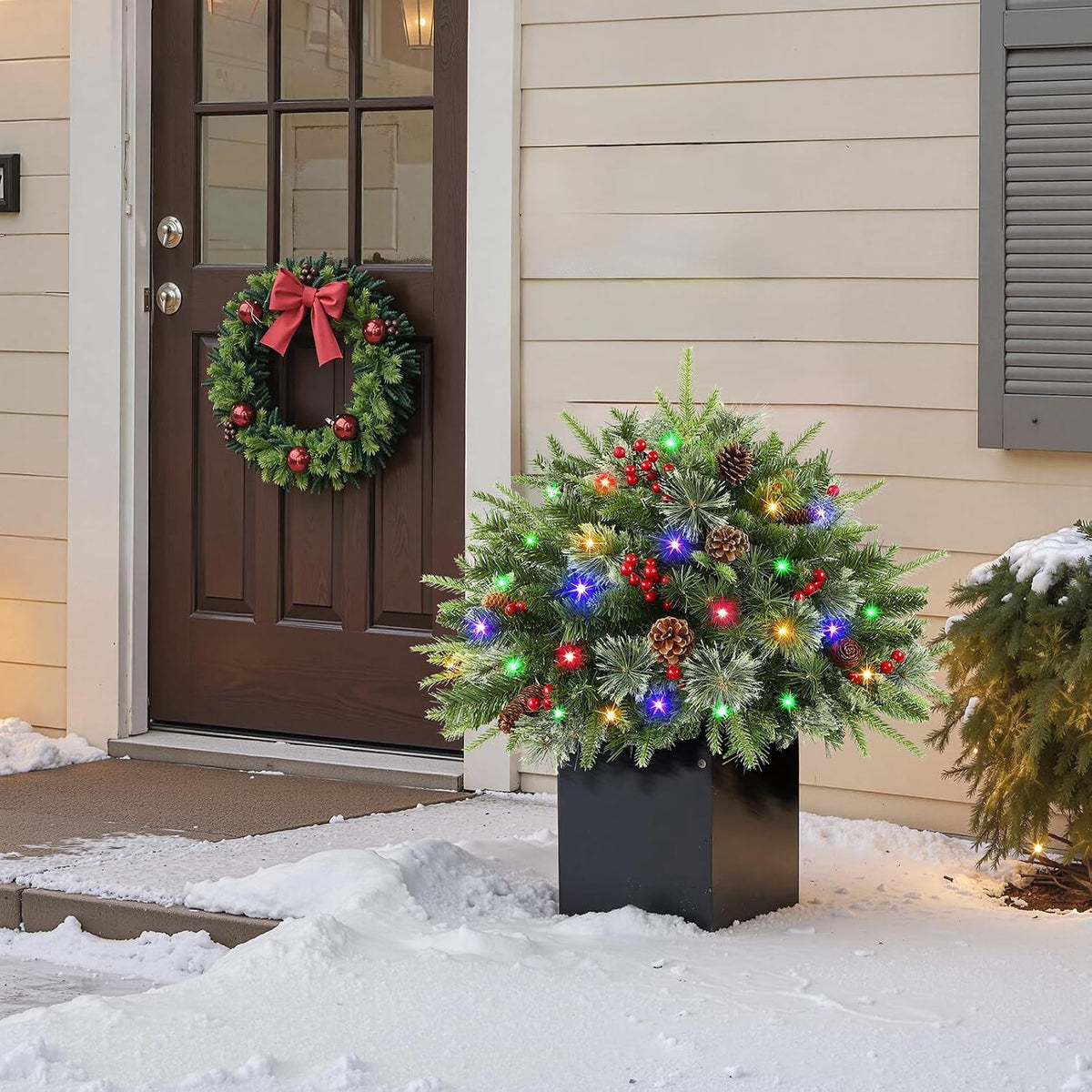 Lolsea Set of 2 18 Inch Pre-lit Outdoor Christmas Tree with Multi-Color Lights, Timer, Battery Operated, Lighted Pathway Urn Filler with Pine Cones