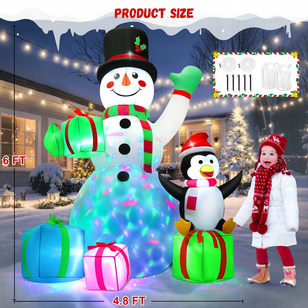 Yexmas 6FT Christmas Inflatables Snowman Blow Up Yard Decor with 360 Rotation Colorful Projector LED Light for Outdoor Christmas Party ,Garden and Lawn
