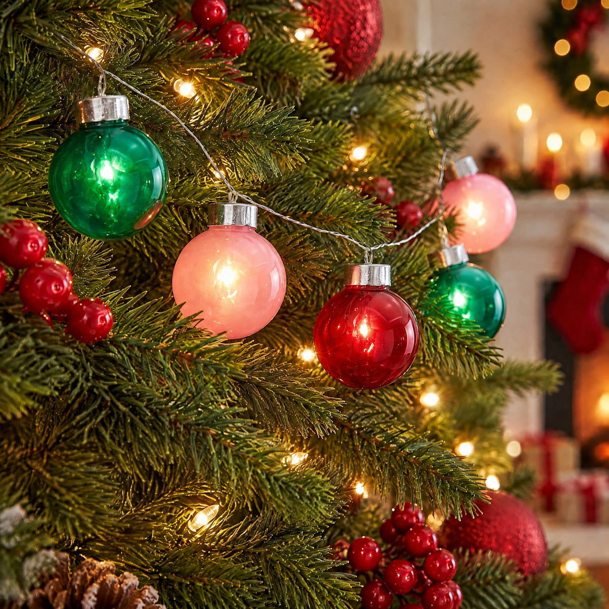 Battery-Operated Lighted Glass Ornament Garland with 10 LED Lights, Multicolor, 49", by Holiday Time