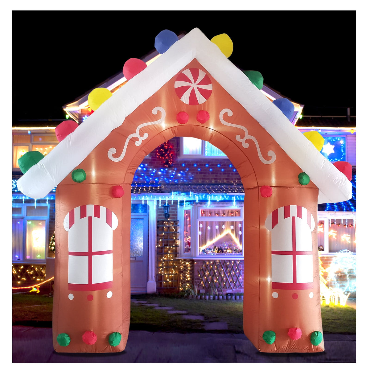 10FT Christmas Inflatables Gingerbread House Archway Outdoor Decorations, Giant Christmas Arch Blow Up Yard Decorations with LED Lights Built-in