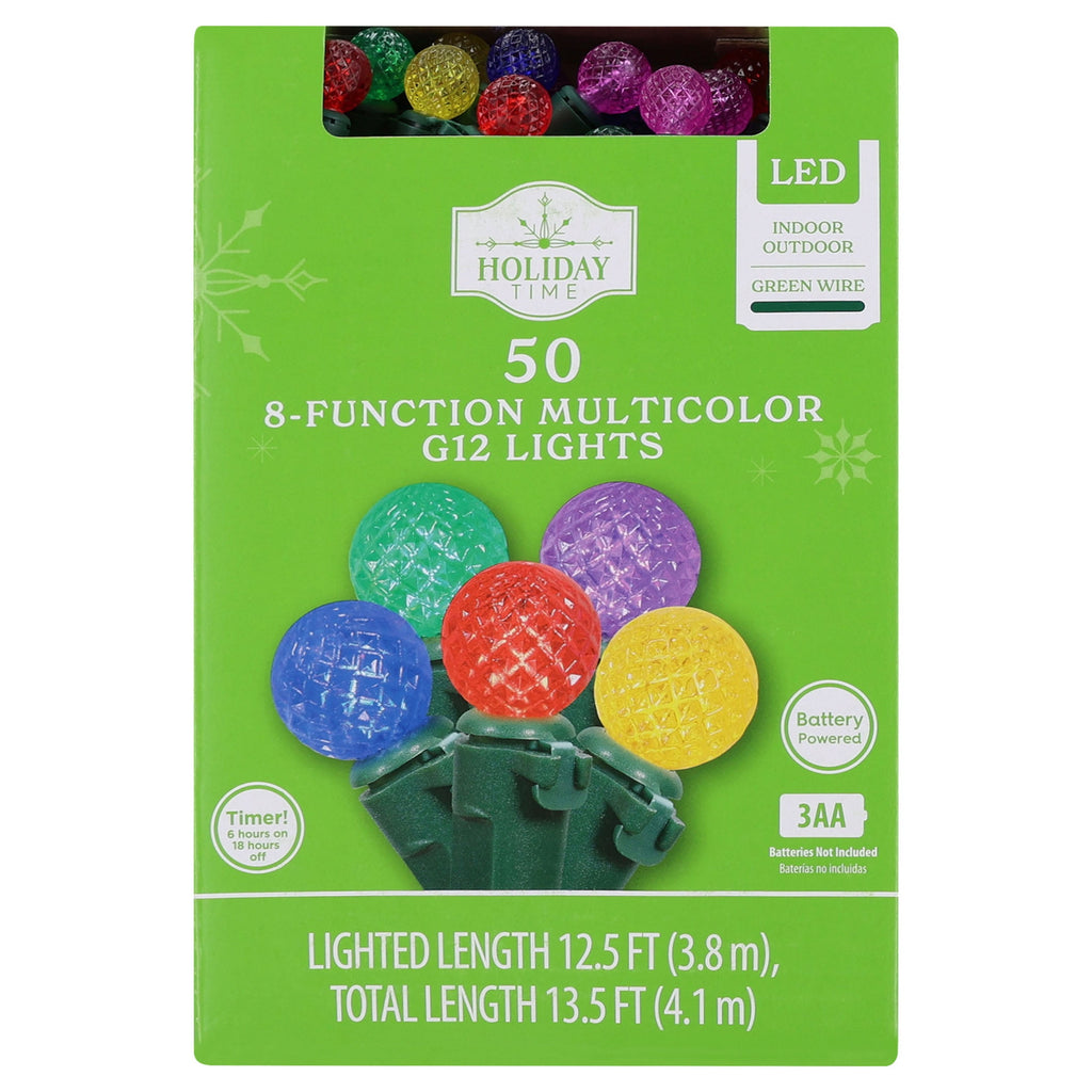 Indoor/Outdoor 50-Count LED 8-Function G12 Christmas String Lights, Warm White, Green Wire, 12.5', by Holiday Time