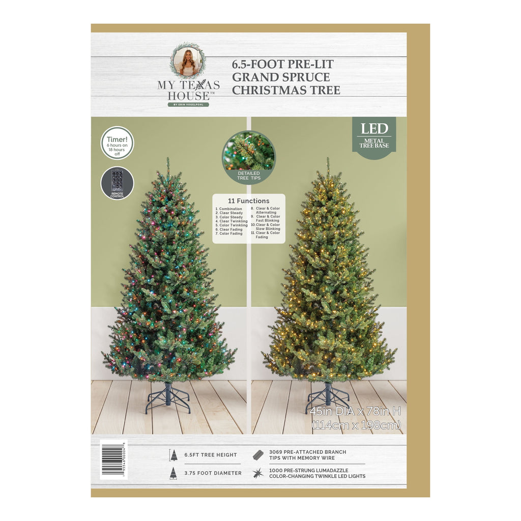 My Texas House 9' Pre-Lit Grand Spruce Green Artificial Christmas Tree with LumaDazzle Color-Changing Twinkle LED Lights, Quick Set, and Stand