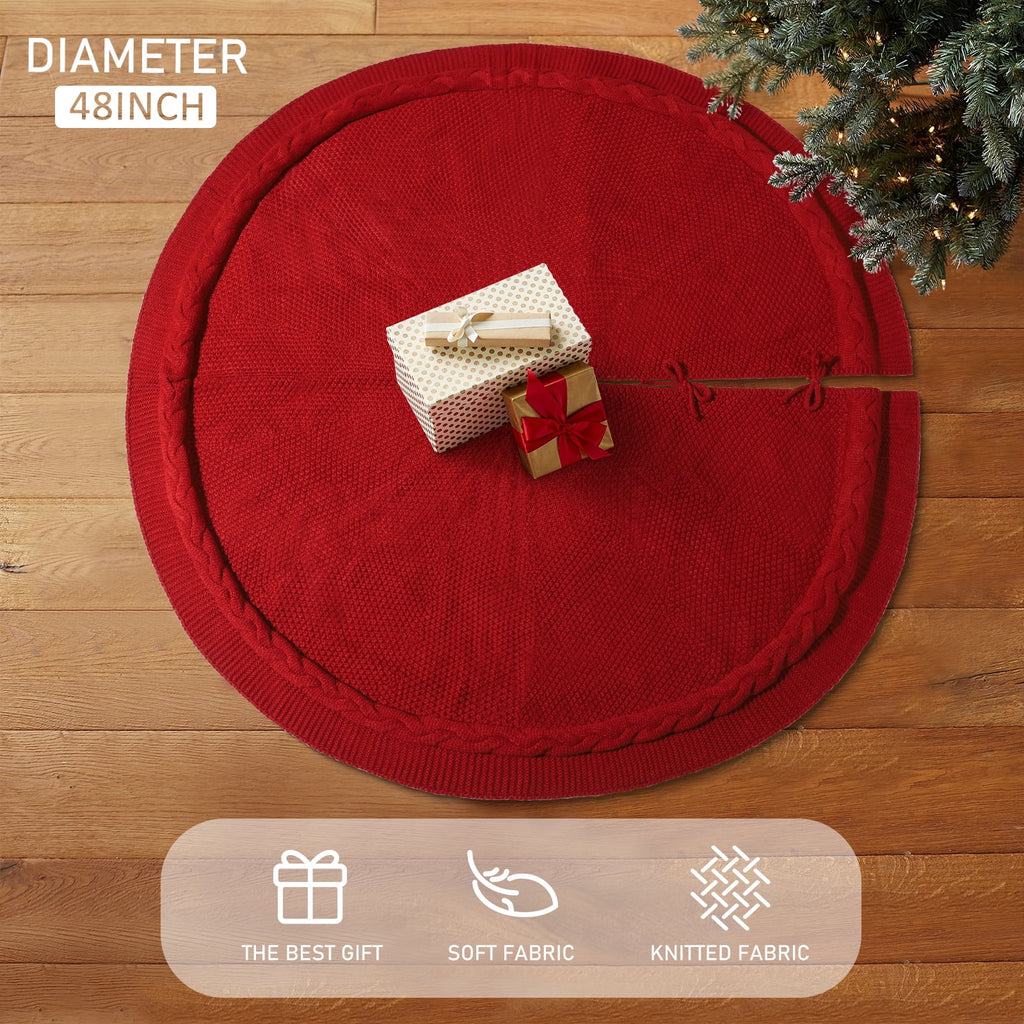Ayieyill Christmas Tree Skirt, 48 inches Cable Knit Knitted Thick Rustic Xmas Tree Skirts Decoration, Red Tree Skirt Christmas Decoration, Burgundy