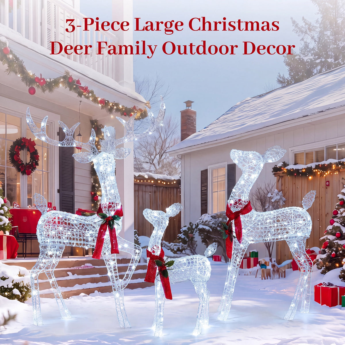 FOOWIN 3-Piece Large Christmas Deer Family, Lighted Outdoor Christmas Decoration, Champagne Gold