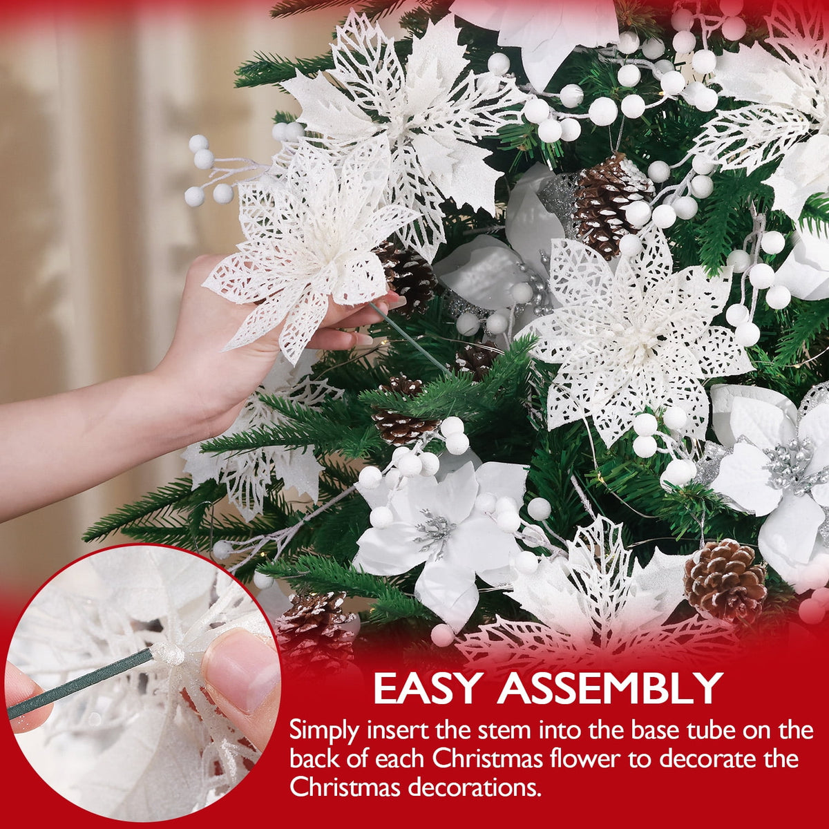 Ayieyill 56Pcs Poinsettia Christmas Flowers Decorations Christmas flower ornaments Artificial Glitter Berry Stems Christmas Pine Cones Christmas Tree Ornaments Set Christmas Tree Decorations (Pink)