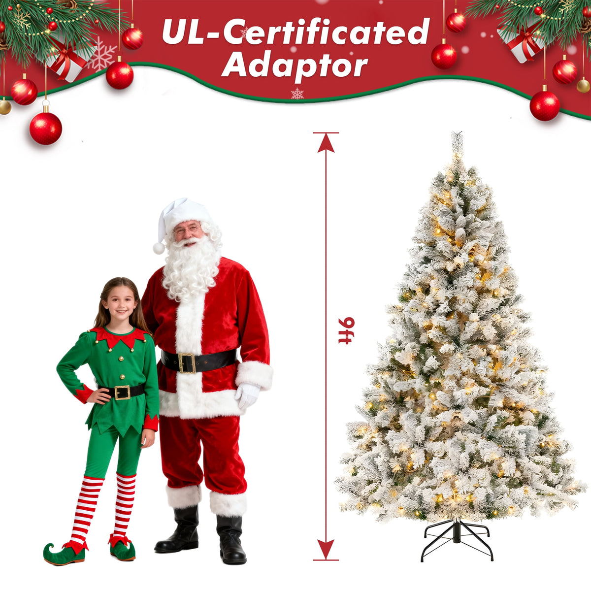 DAYBETTER 6ft Artificial Christmas Tree, Snow Flocked Christmas Pine Tree, with 210 Warm White Lights, 627 White Tips Branch, Includes Metal Stand for Xmas Holiday, Indoor and Outdoor Decor