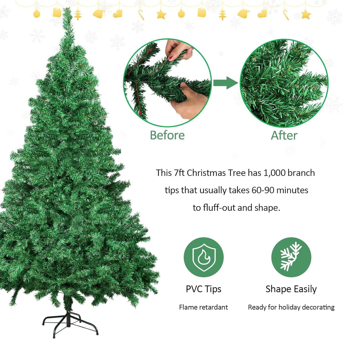Artificial Christmas Tree, 7FT Premium Pine Unlit Holiday Decoration, Full Size Décor Easy Assembly Metal Stand