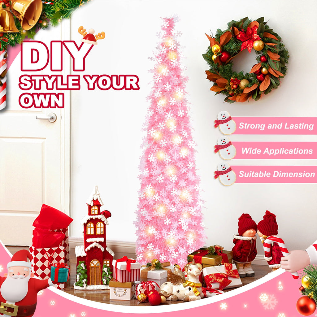 Ayieyill 5ft Pencil Christmas Tree, Collapsible Xmas Tree with Lights, Pop Up Tinsel Tree for Christmas Decorations Indoor, Pink White
