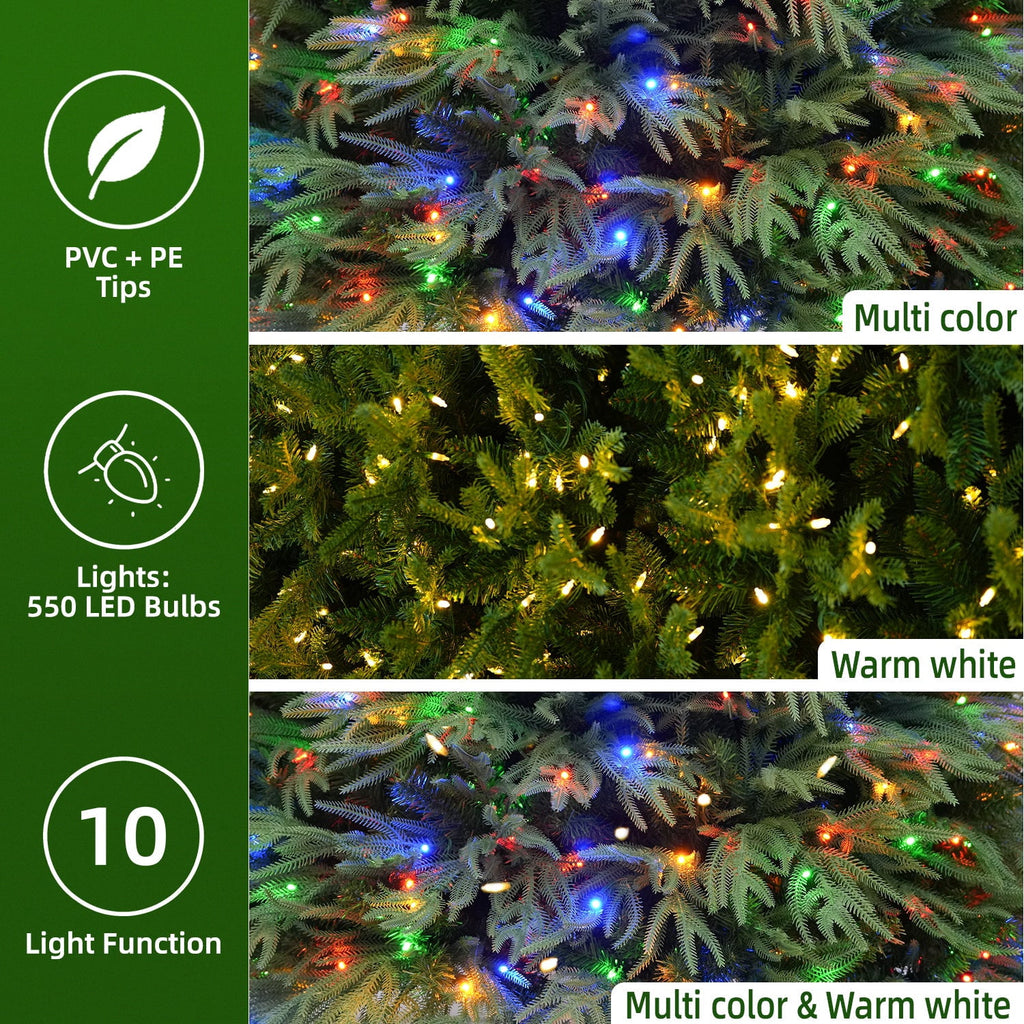 VIVATREES 7.5FT Premium Christmas Tree Pre-Lit Artificial Xmas with 550 Multi Color LED Lights, 5582 PVC PE Hinged Branch Tips Metal Base for Holiday Decor